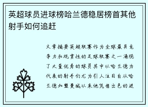 英超球员进球榜哈兰德稳居榜首其他射手如何追赶