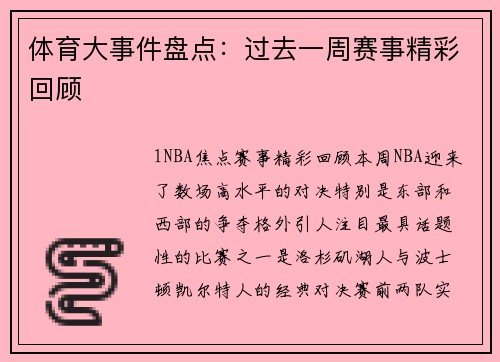 体育大事件盘点：过去一周赛事精彩回顾